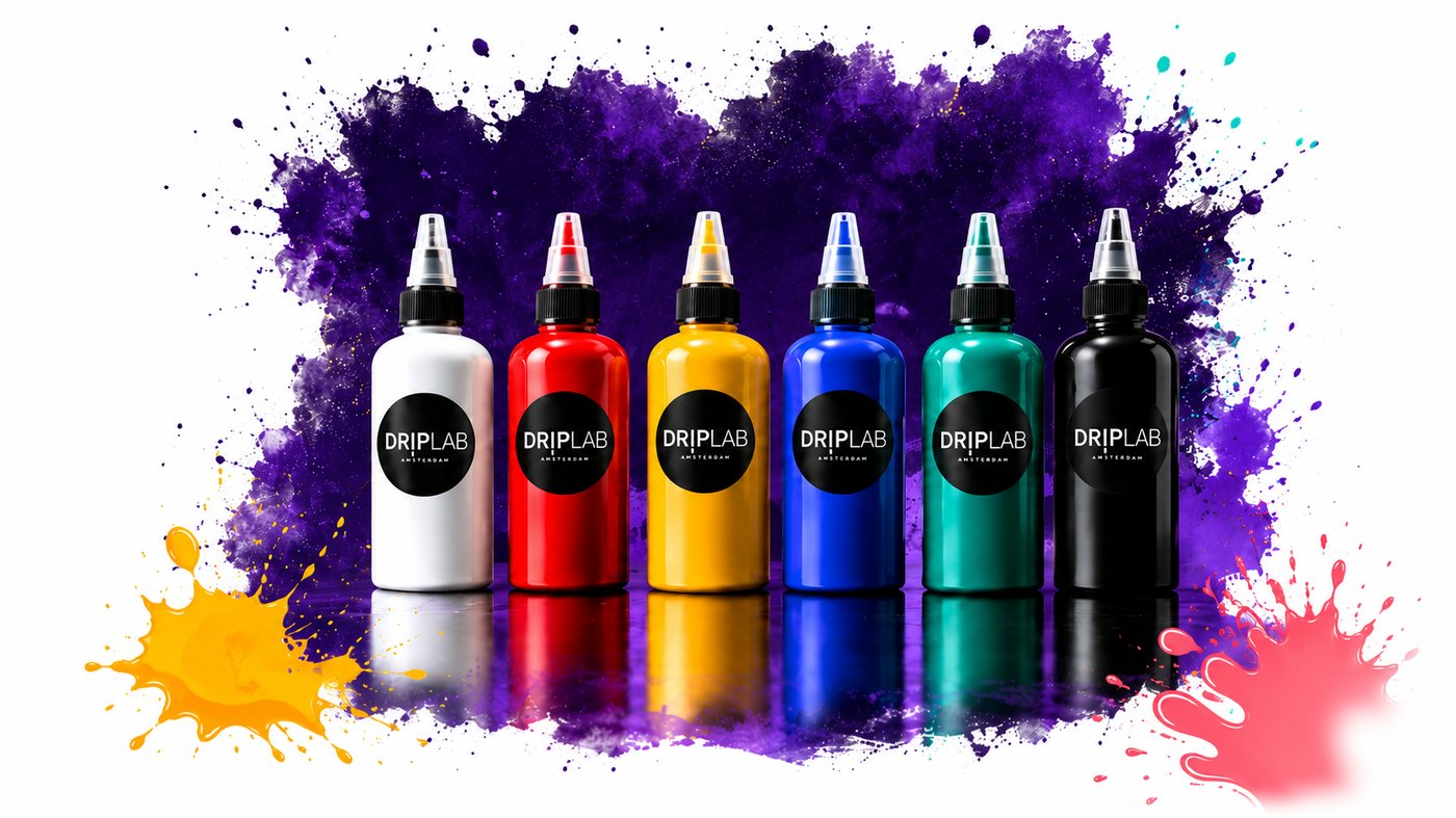Zes DRIPLAB verfflessen in wit, rood, geel, blauw, groen en zwart voor een paarse verfsplash
